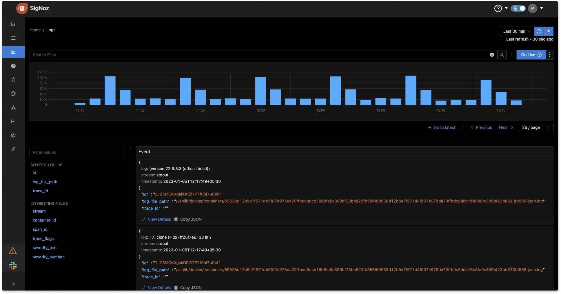 Log Management Tab in SigNoz