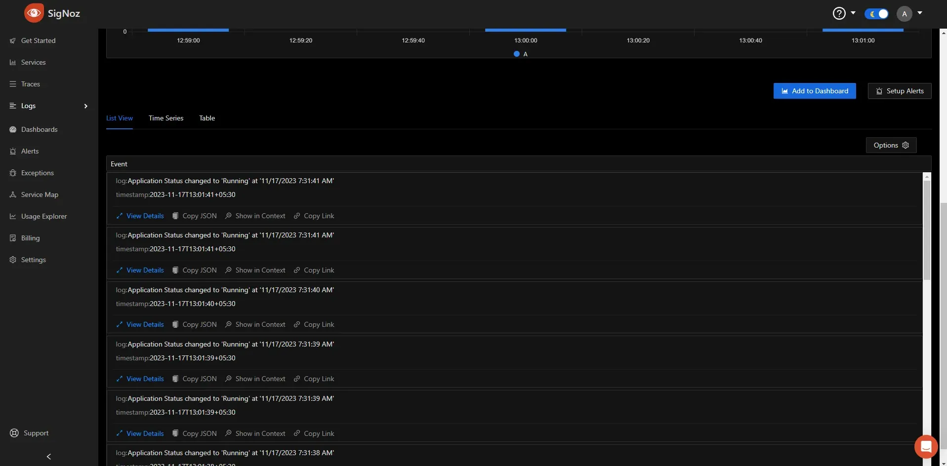 Log Details in SigNoz Dashboard