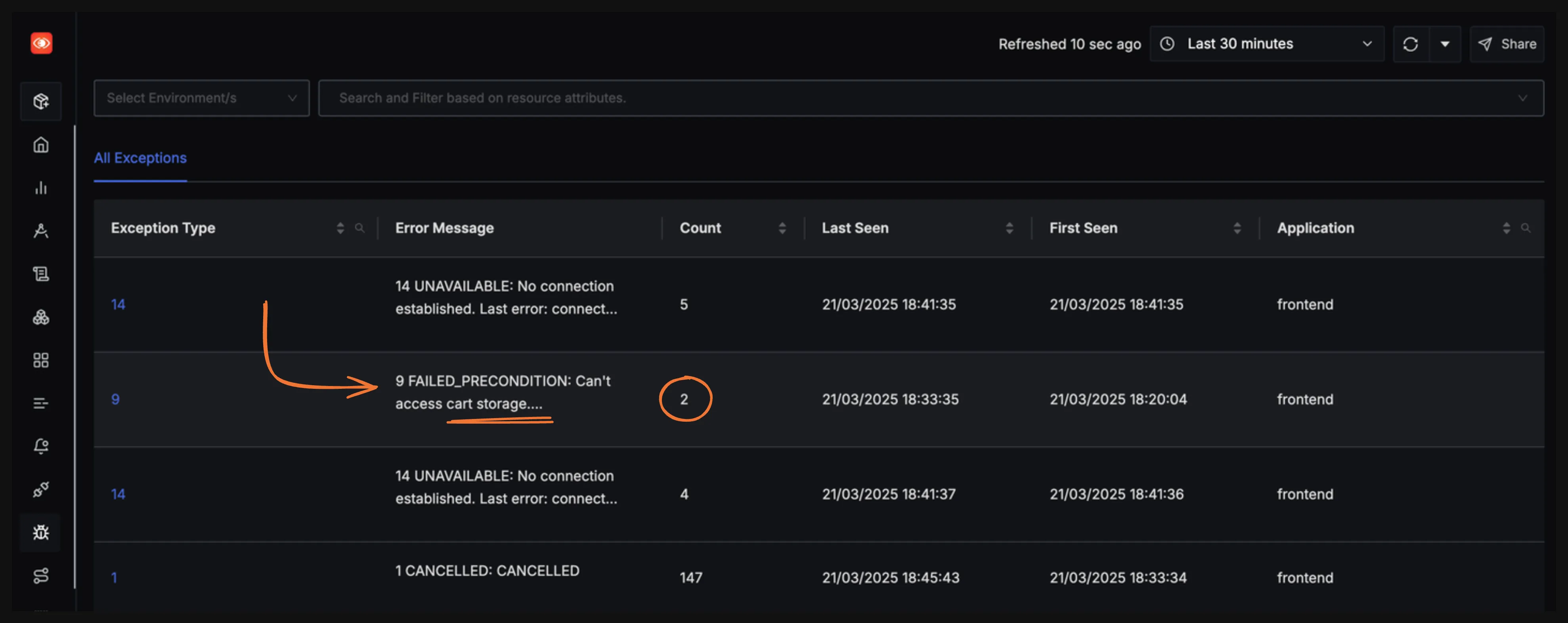 Exceptions Tab used for debugging service failure