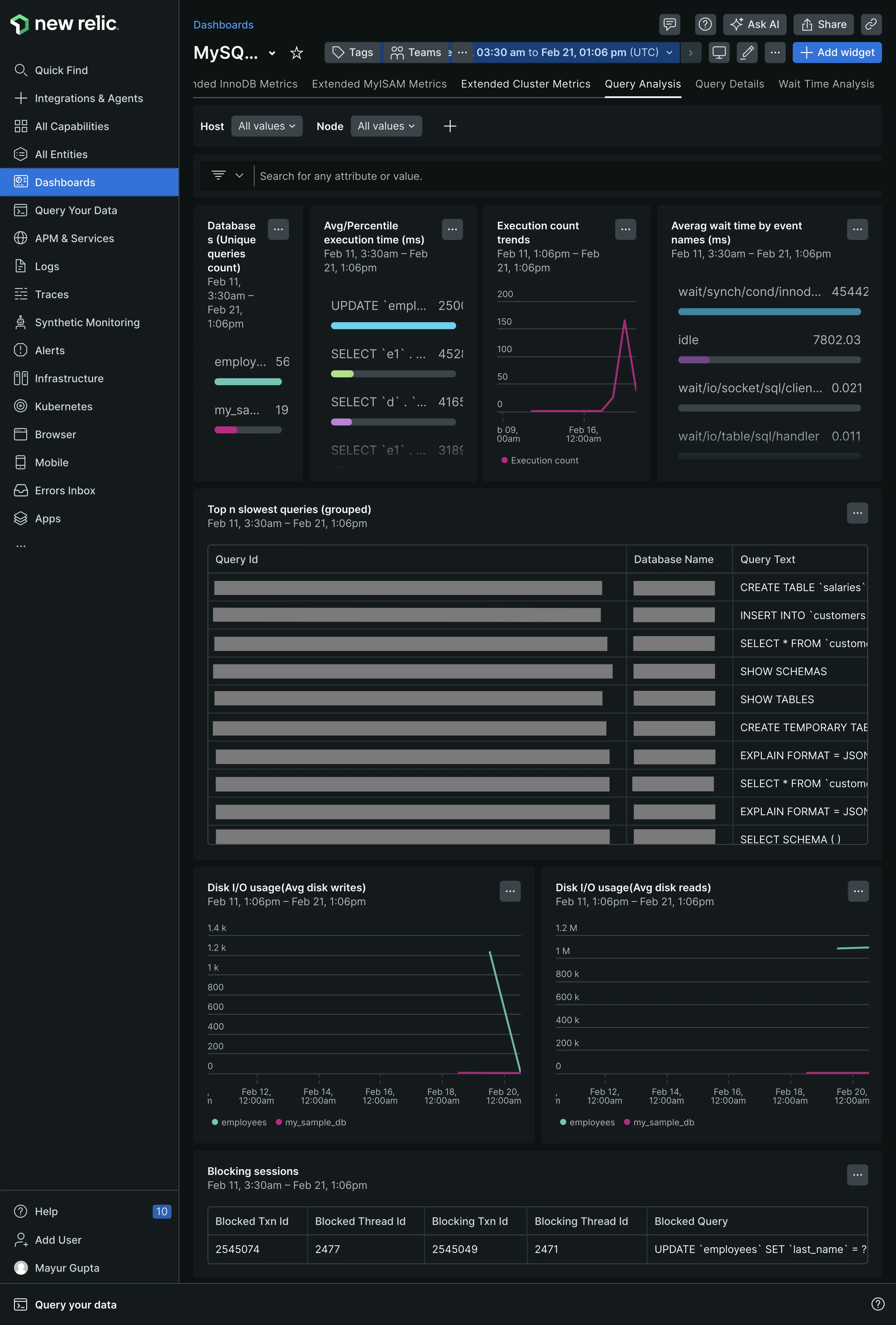 New Relic MySQL database monitoring