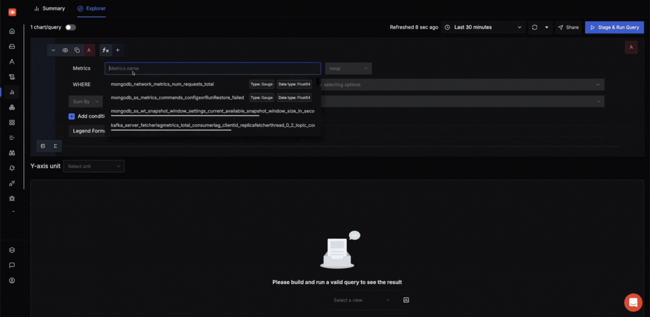 Metrics Explorer query playground for running ad hoc metric queries and visualizing results.