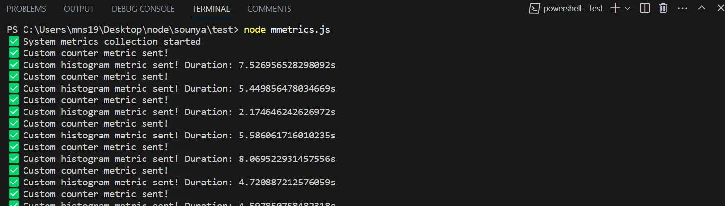 Custom metrics sent as seen in command terminal