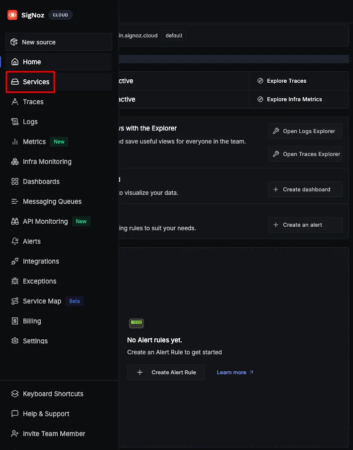 Image showing how to navigate to the Services Section in the SigNoz UI