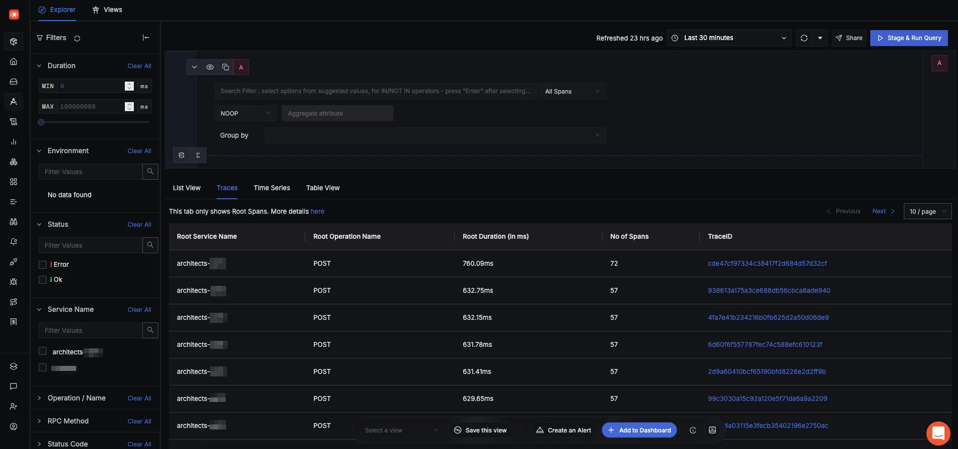 Image showing traces in the SigNoz UI