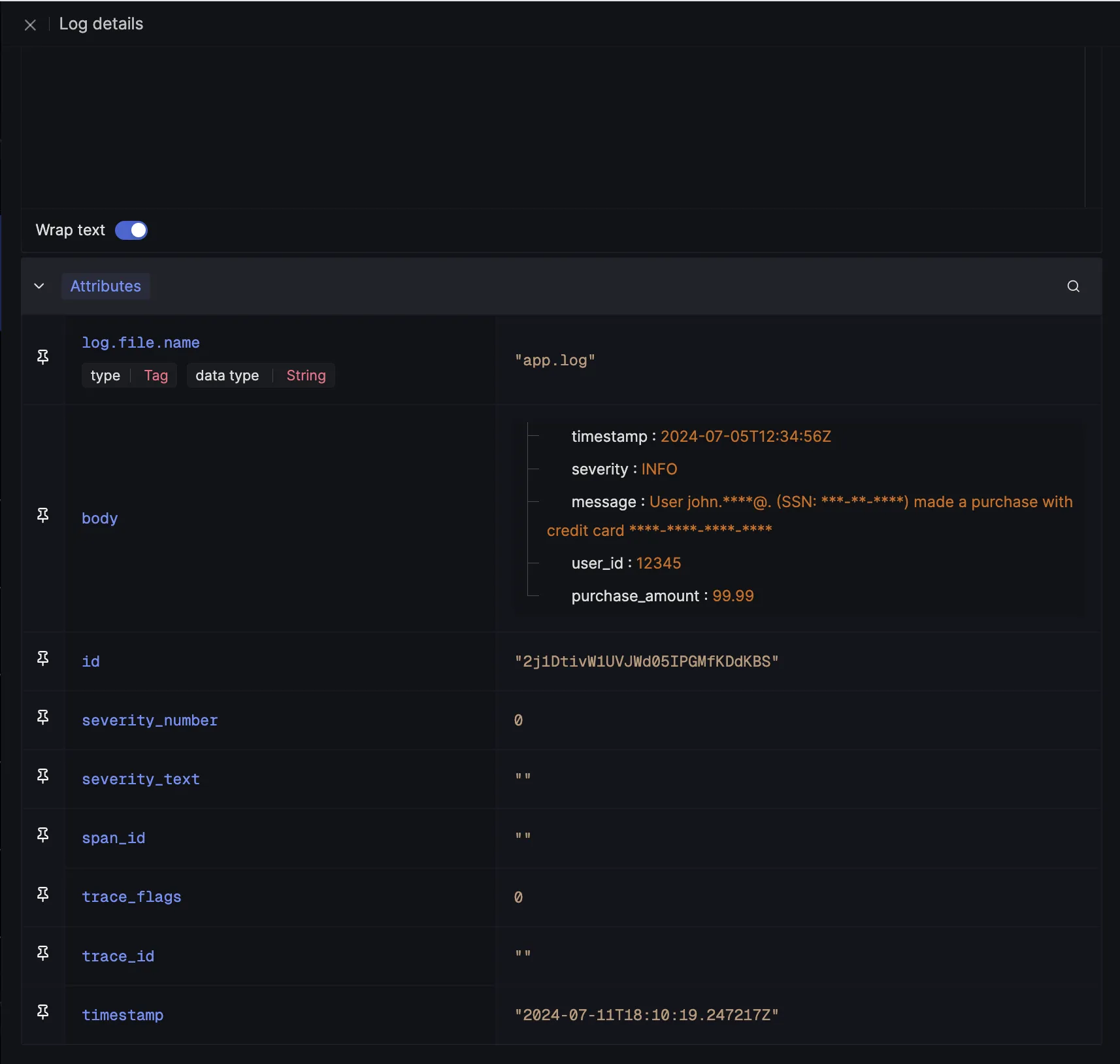 Sample log output with PII data scrubbed out