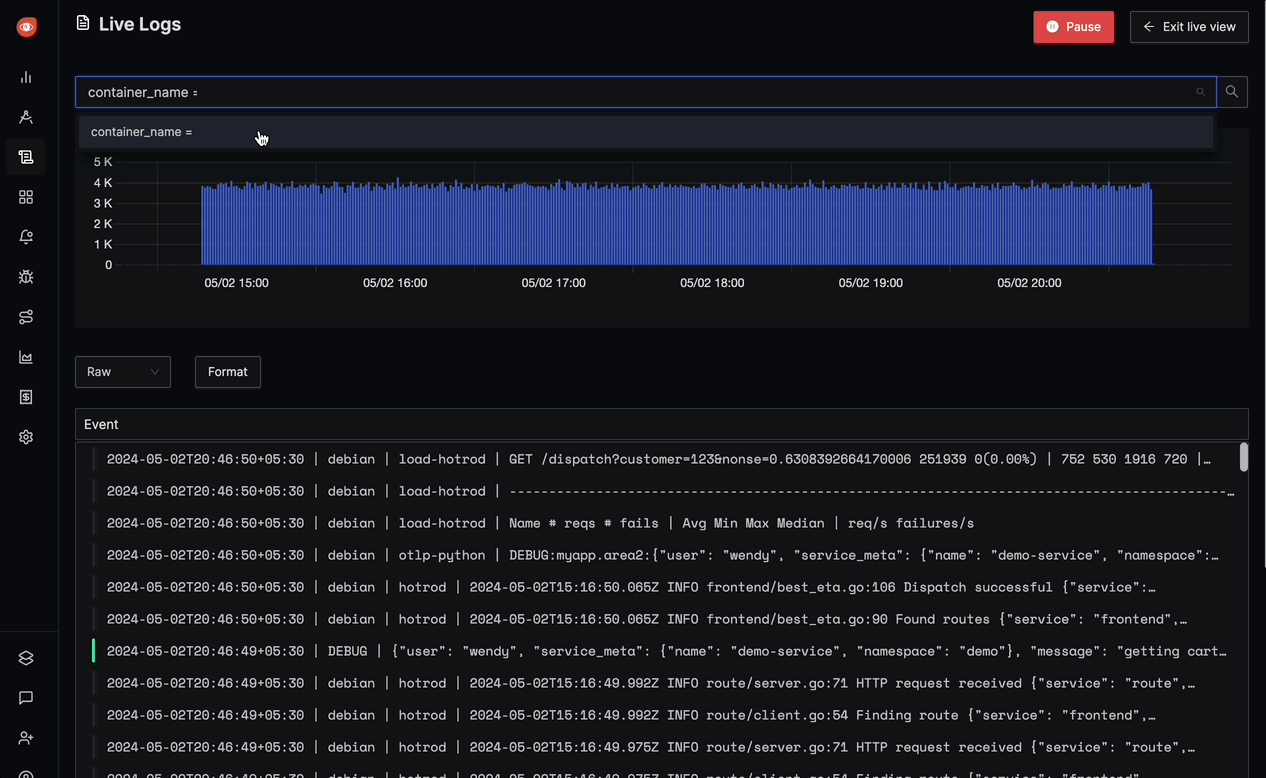 Search filter in Live view