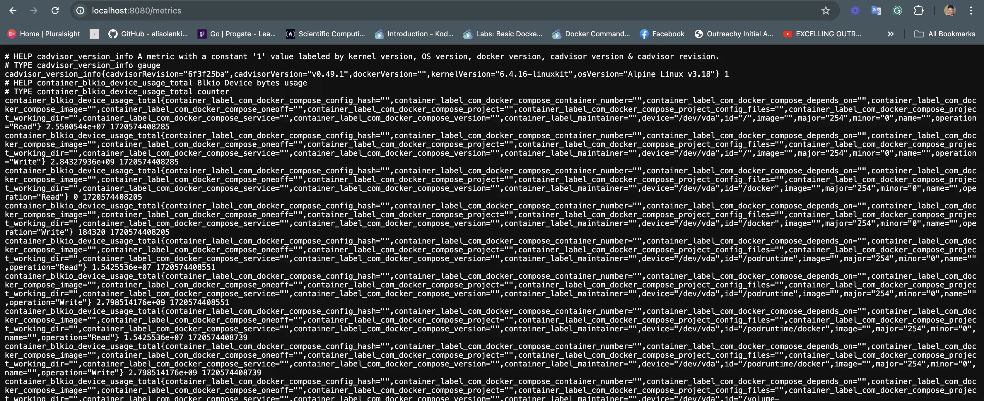 Metrics displayed from an HTTP endpoint (localhost:8080/metrics)