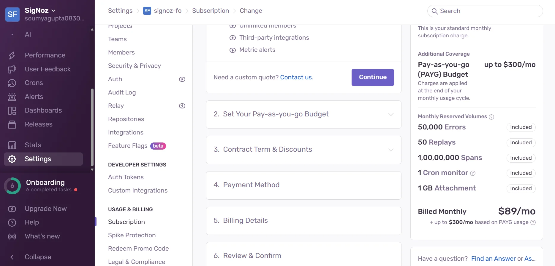 Change Subscription Page: Sentry